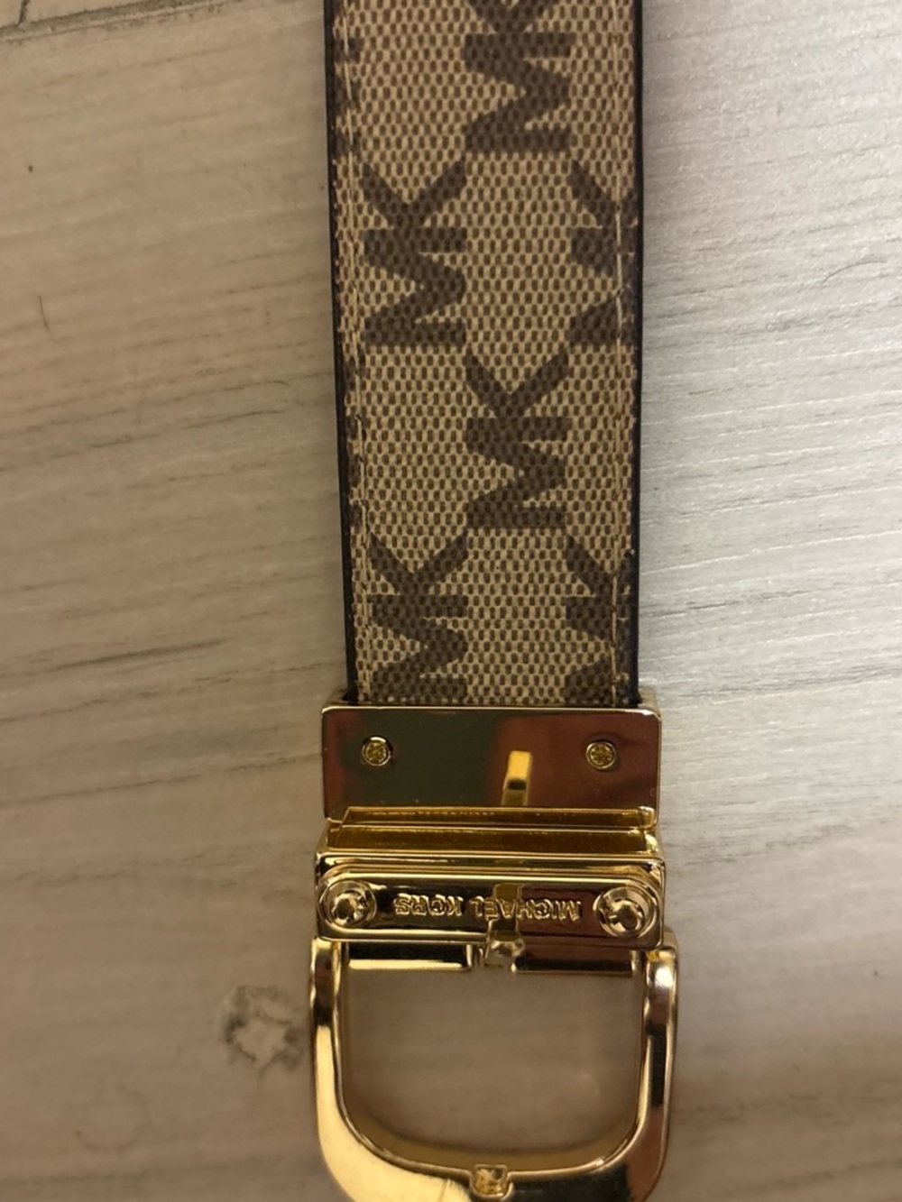 Michael Kors Tan and Brown Signature MK Canvas Belt with Gold Buckle